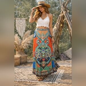 Flying Tomato Boho Colorful Printed Maxi Skirt Size Large #1684